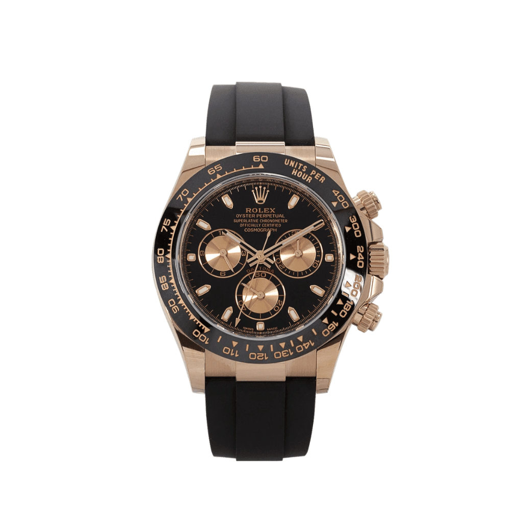 Rolex Cosmograph Daytona with a black dial and a matching black rubber strap 40mm