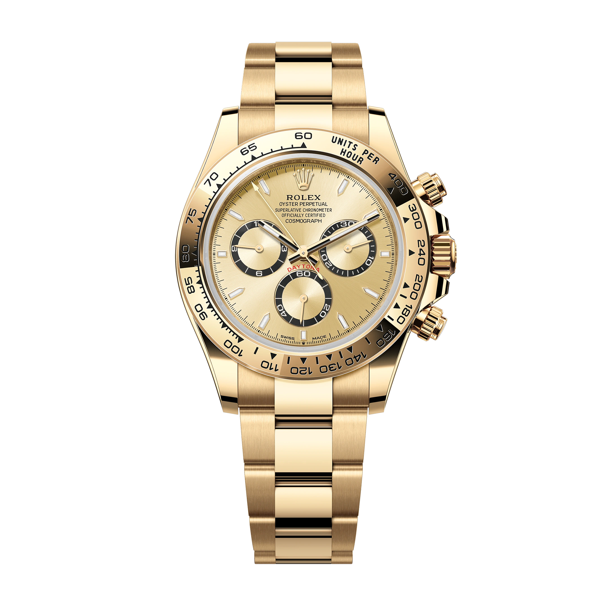 Rolex Cosmograph Daytona features a full yellow gold case 40mm