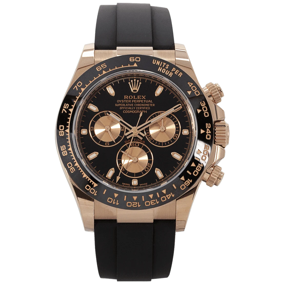 Rolex Cosmograph Daytona with a black dial and a matching black rubber strap 40mm